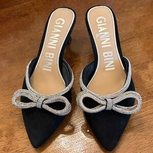 Gianni Bini Black Mules with Silver Bow Accent
